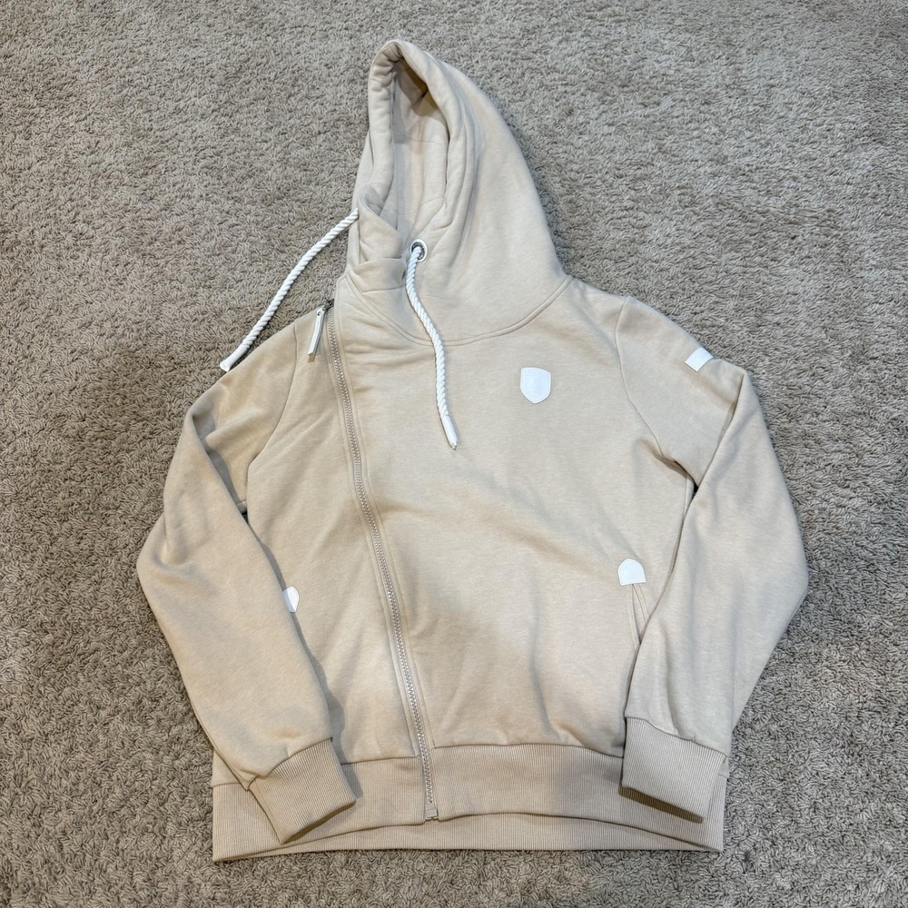 Wanakome Hoodie Mens XL Beige Full Zip High Neck Fleece Sweatshirt Logo